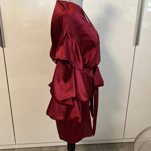 Bubble Sleeve Satin Wrap Dress Burgundy, Size L - Picture 5 of 9